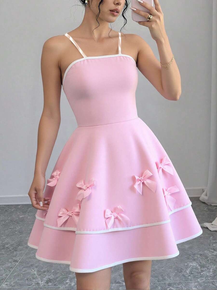 SHEIN ChillGRL Váy yếm thắt nơ thanh lịch và thoải mái cho bé gái tuổi teen, phù hợp cho các bữa tiệc và buổi tụ họp, mùa xuân/hè - Hồng - Xem 1