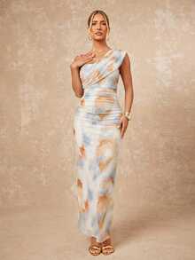 Lumalex 简约复古风闪亮假日派对装扮，适合锐舞节、郊游、游泳度假、波西米亚风、户外婚礼、宴会、成人礼、海滩、海滨、复活节、波西米亚风海滩户外婚礼派对、成人礼、返校派对、宰牲节派对、浪漫情人节约会。优雅扎染渐变网纱单肩褶皱装饰修身紧身长裙，性感扭结褶皱开衩设计无袖修身长裙，春夏单肩连衣裙、单袖连衣裙、新年连衣裙、宰牲节派对连衣裙、酒红色连衣裙、垂褶连衣裙、优雅女士连衣裙、舞会礼服、商务休闲女装，春夏复古风，适合夏季派对和宴会。 - 彩色 - 查看 3