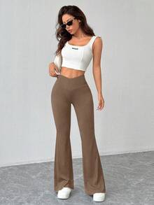 Almamuse 女士纯色不对称腰部休闲喇叭针织裤，秋冬款 - 咖啡棕 - 查看 4