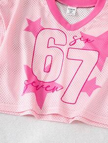 SHEIN Young Girl Knitted Numeric Pattern V-Neck Casual Cropped T-Shirt Girl Summer Set 6t Sets Kids Pink Pink Jersey For Girls Girl Pink 2 Pieces Set Girls Street Wear Sets - Pink - View 6