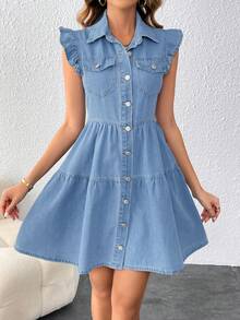 EMERY ROSE Đầm denim mỏng tay bồng dành cho nữ, thích hợp cho mùa xuân/hè, kiểu dáng thường ngày, thời trang và thoải mái. - Rửa nhẹ - Xem 3