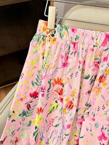Franclia Falda casual de línea A con cintura elástica y estampado floral para mujer, verano - Rosa - Ver 5