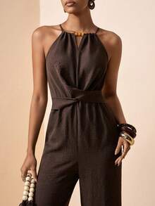 Zivah 2026 Spring/Summer New Music Festival, Easter, St. Patrick's Day, Valentine's Day, Date, Western, Nomadic, Birthday Party, Graduation, College, Student, Daily Casual, Basic Versatile, Leisure, Vacation, Cruise Travel, Beach, Sunbathing, Viral , Streetwear, Wedding Guest Boho, Commute, Brunch, Airport, Party, Holiday Outing, Office Wear, Halter Neck Ruched Criss-Cross Pocket Wide Leg Linen Brown Jumpsuit - Brown - View 8