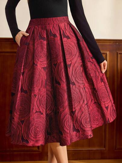 Vintamour Vintage Classic Elegant Women's Skirt, Fitted Jacquard Burgundy Skirt With Pockets, Autumn/Winter