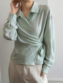 Livesso 女士纯色翻领系腰落肩长袖休闲衬衫 - 綠色 - 查看 3