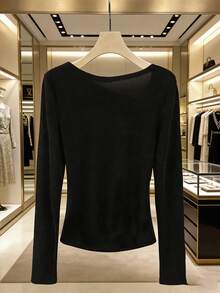 GlowEve Women's Asymmetrical Neckline Chain Decor Long Sleeve T-Shirt, Elegant Casual Wear For Spring, Summer, Autumn, Winter - Black - View 2