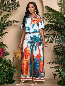 SOLERSUN 性感优雅的沙滩度假衬衫，椰树主题休闲女式春夏衬衫 - 綠色 - 查看 2