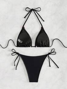 SHEIN Swim 夏季沙灘女性純色比基尼套裝，頸帶飾有蝴蝶結，適用於泳池和度假 - 黑色 - 查看 4