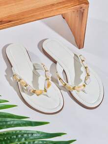 SHUZIA Women's Minimalist Comfortable, Durable, Stone Chain Thong Strap Slip-On Flat Sandals - White - View 6