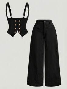 SHEIN MOD Bộ đồ 2 món cỡ lớn kiểu retro bằng vải nhung kẻ, gồm áo hai dây cài khuy đôi và quần ống rộng. - màu đen - Xem 3