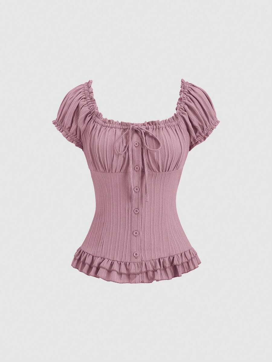 Sweetra 女士夏季纯色荷叶边下摆系腰短袖衬衫 - 淡紫色 - 查看 1