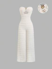 Sweetra Tuta aderente color albicocca da donna con decorazione fibbia metallica, look alla moda da ragazza americana, tuta elegante per cerimonie primavera/estate come matrimoni, abiti da ospite per donne, tuta estiva coordinata - Albicocca - Visualizzare 1