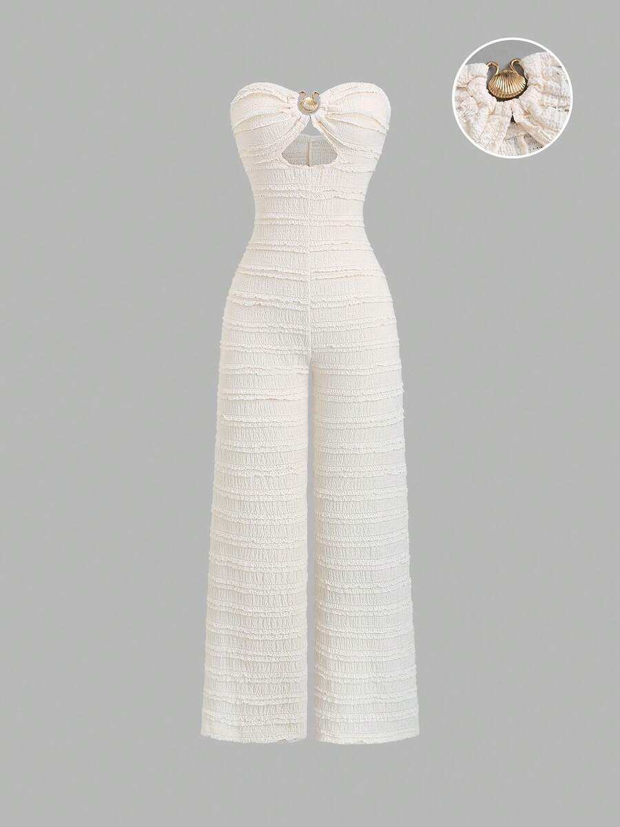 Sweetra Tuta aderente color albicocca da donna con decorazione fibbia metallica, look alla moda da ragazza americana, tuta elegante per cerimonie primavera/estate come matrimoni, abiti da ospite per donne, tuta estiva coordinata - Albicocca - Visualizzare 1