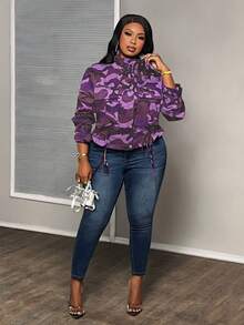 Slaydiva Plus Size Camouflage Print Drawstring Hem Jacket For Dailywear Winter Fall Autumn - Purple - View 4