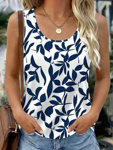 EMERY ROSE Women's Casual Loose Fit Plant Print Round Neck Tank Top, Suitable For Vacation - Khaki - View 3