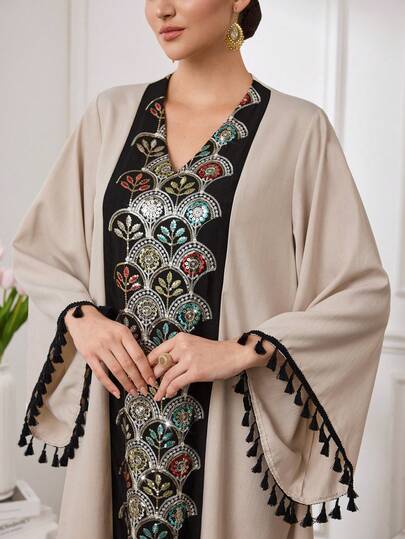 Al Najma Women's Retro Sequin Embroidery Tassel Sleeve V-Neck Maxi Arabic Robe