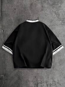 AXEPEAK Áo sơ mi nam tay ngắn cài cúc phía trước, in chữ và sọc. - màu đen - Xem 2