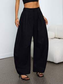 SHEIN PETITE 性感黑帮妻子派对基本款纯色炭灰色褶皱宽松筒裤 - 黑色 - 查看 7