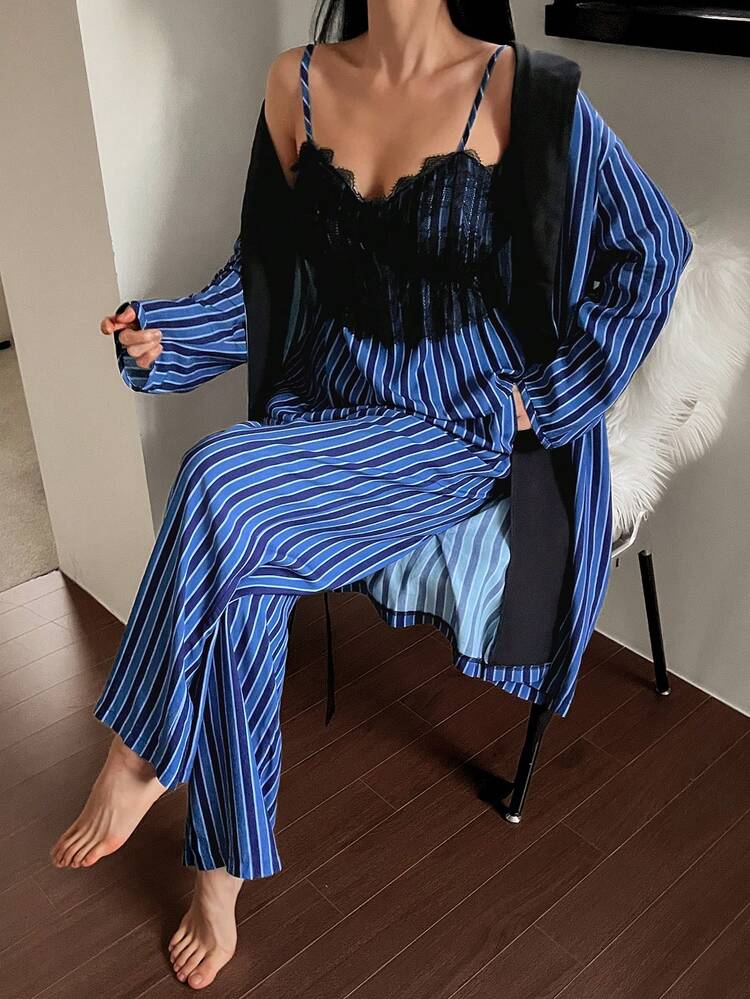 3pcs/Set Striped & Lace Patchwork Robe, Camisole, And Pants Women Sleepwear Set