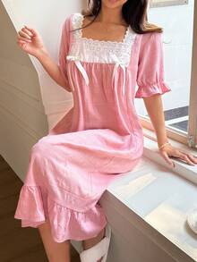 Napfluff 女士宽松短袖睡裙，甜美可爱睡衣，春夏薄款中长连衣裙 - 粉色 - 查看 7