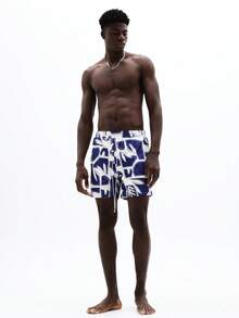 SUMWON Men Casual Beach Shorts With Abstract Botanical Print Summer Vacation Swim Trunks Elastic Waistband Drawstring Closure Tropical Pattern Nylon Fabric - Blue and White - View 4