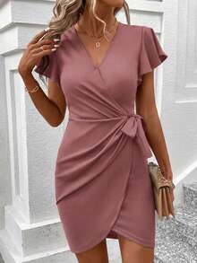 SHEIN Clasi Vestido Casual Feminino de Cor Sólida, Decote em V e Manga Curta, Estilo Minimalista - bordô - Visão 3