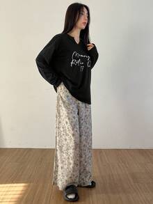 DAZY 2pcs Women Floral Print V-Neck Loose Long Sleeve T-Shirt And Pants Pajama Set - Black - View 6