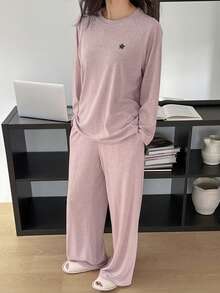 DAZY 简约星形印花插肩袖宽松针织女式睡衣套装 - 紫色 - 查看 6