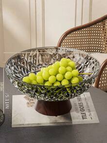 大容量水果盘，客厅派对糖果盘，甜点盘，零食盘，可重复使用仿木纹底座，带排水孔，防震 - 透明灰+木紋底座 - 查看 3