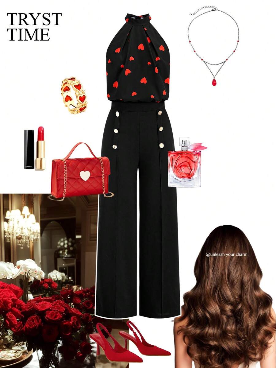 Ellevyn 女士优雅迷人情人节约会套装，心形印花褶皱吊带上衣搭配纽扣装饰直筒裤两件套 - 彩色 - 查看 1