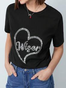 Maija 女士水钻刺绣闪亮爱心图案派对休闲宽松短袖圆领套头T恤，黑色节日款 - 黑色 - 查看 2