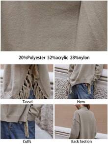 Maija Women's Khaki Versatile Modern City Loose Drop Shoulder Round Neck Pullover Sweater, With Side Fringe Detail, All Season Hippie - Khaki - View 2