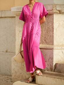 Maija Vestido midi de mujer casual con parches de encaje, fruncido, de manga corta y abotonadura sencilla, adecuado para primavera y vacaciones, estilo bohemio - Rosa Fucsia - Ver 1