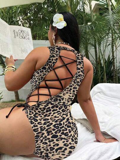 Slaydiva Plus Size Women One-Piece Tropical Print Beach Holiday Swimsuit