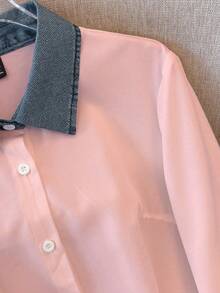 GlowEve 女士休闲拼接牛仔衬衫，秋冬款 - 粉色 - 查看 4