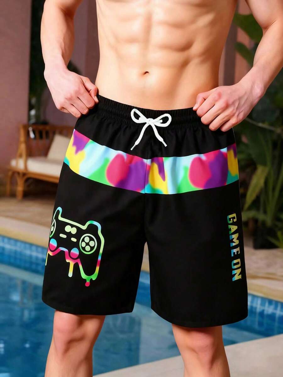 Teen Boy Video Game Print Beach Shorts - Black - View 1