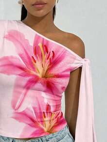 Firerie Women's Elegant Sexy Fashion Beach Vacation Pink Lily Print Asymmetrical Neck Twist Front Fitted Blouse - Pink - View 8