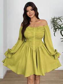 Vionelle Plus Size Sexy Minimalist Off-Shoulder Long Sleeve Dress - Green - View 5