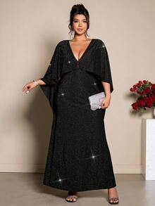 Allurite Plus Size Women's Elegant V-Neck Shawl Collar Velvet Mermaid Formal Dress - Black - View 7