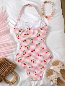 SHEIN Teen Girls' Casual Cherry Plaid Print One-Piece Swimsuit, Suitable For Beach, Vacation, Summer - Pink - View 1