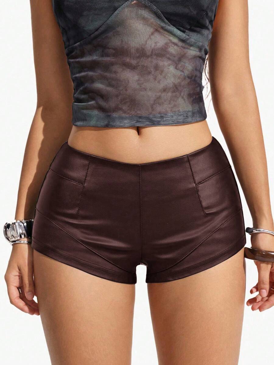 Jeanoix 女士时尚性感纯色低腰短裤，夏季 - 酒紅色 - 查看 1