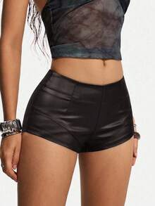 Jeanoix Pantalones cortos de mujer de unicolor con talle bajo, de moda y sexy, para verano - Café integral - Ver 4