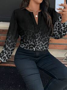 EMERY ROSE 大码优雅浪漫休闲简约渐变豹纹印花长灯笼袖衬衫，适合秋冬季节，复古风格，简约百搭，秋季女式衬衫，外套，优雅女装，新年女装 - 彩色 - 查看 6
