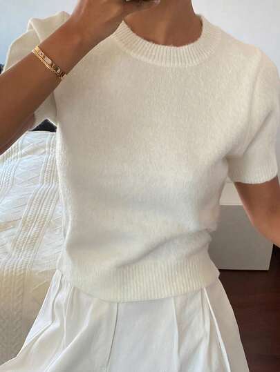 DAZY Women's Solid Color Fitted Round Neck Puff Sleeve Elegant Knit Top, Spring/Autumn