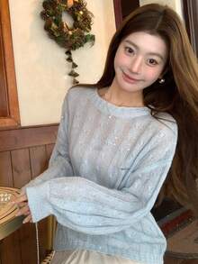 DAZY 女士宽松镂空轻薄金属质感Logo长袖休闲度假针织衫，春秋季 - 藍色 - 查看 1