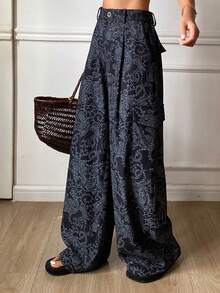 DAZY 女士宽松休闲阔腿裤，带口袋，腰果花印花，适合春秋季度假穿着 - 藏蓝色 - 查看 4