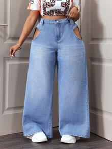 Slaydiva Jeans anchos de pierna ancha, de cintura suelta, de moda casual y de uso diario para mujer de talla grande - Lavado ligero - Ver 1