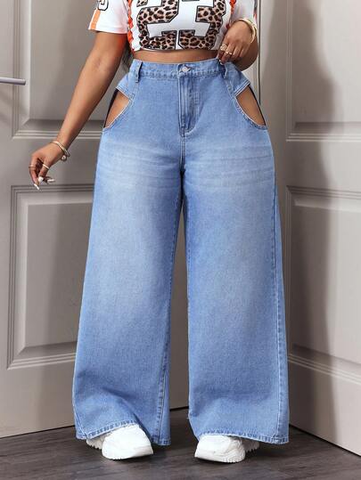 Slaydiva Plus Size Women Casual Everyday Commute Fashion Street Loose Waist Hollow Wide Leg Jeans