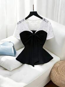 Selianne Women's Elegant Black And White Lace Patchwork Deep V-Neck Bow Tie Fitted Crop Top,Summer Tea Party Urban Chic Style,Daily Wear,Weddings,Galas,Dates - Black - View 1