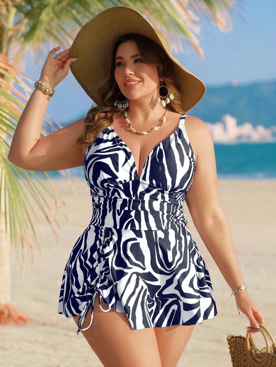 Swim Lushoire Bộ đồ bơi hai mảnh thời trang cỡ lớn dành cho nữ, họa tiết da báo, xếp nếp, có dây rút, thích hợp cho kỳ nghỉ gợi cảm. - Màu xanh lam - Xem 1